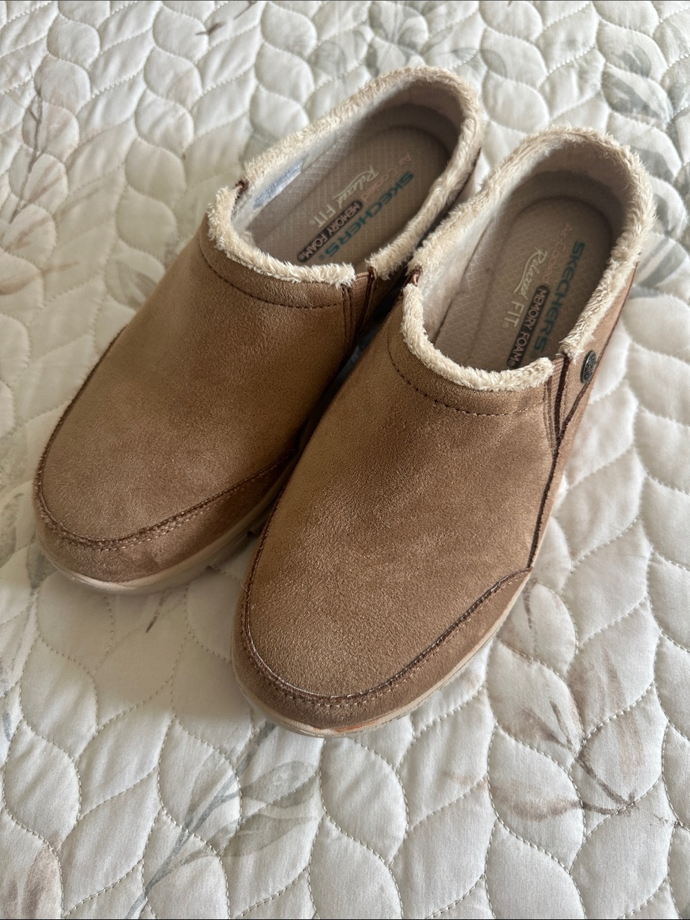 Skechers Women's Tan Suede Slip-On Mules with Plush Trim